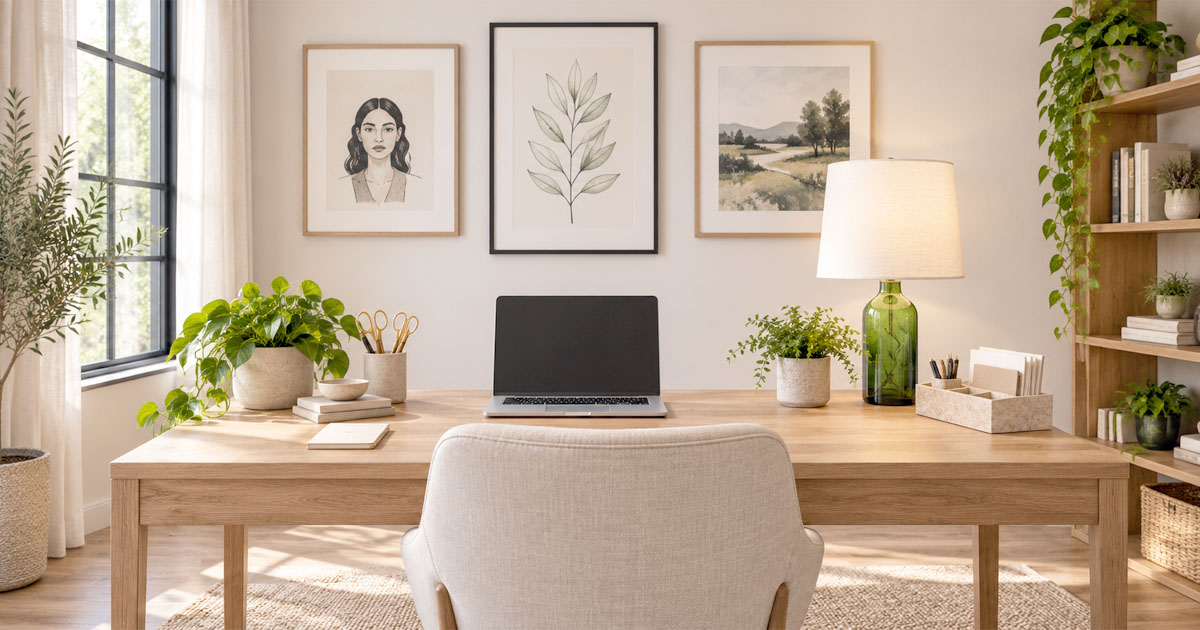 Bright, organized home office featuring a wooden desk, upholstered chair, laptop, green glass lamp, houseplants, and framed wall art.